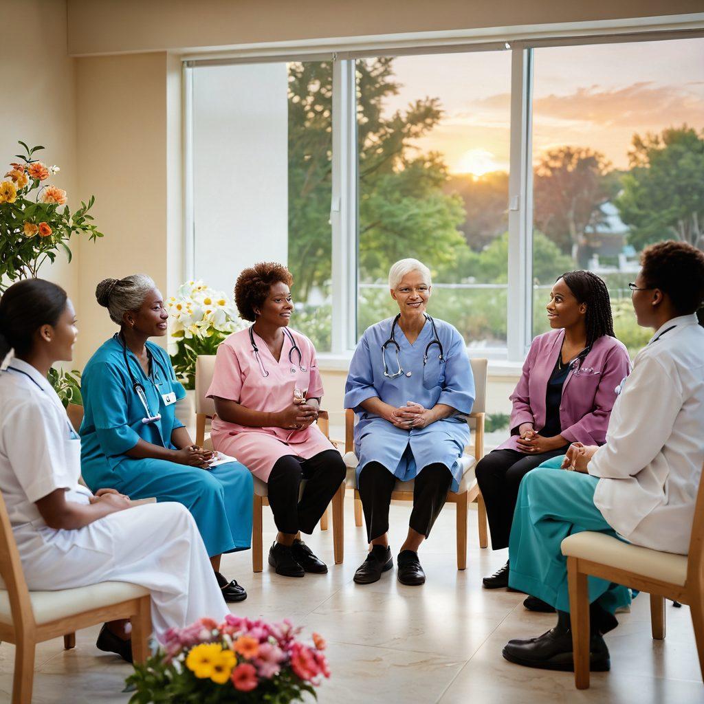 A serene and warm environment showcasing a diverse group of patients and healthcare professionals engaged in supportive discussions. Include elements symbolizing hope, such as a blooming flower and a sunrise. Use soft, uplifting colors to convey positivity and healing. Capture the essence of community and empowerment, highlighting various ages and backgrounds. super-realistic. vibrant colors. soft focus.