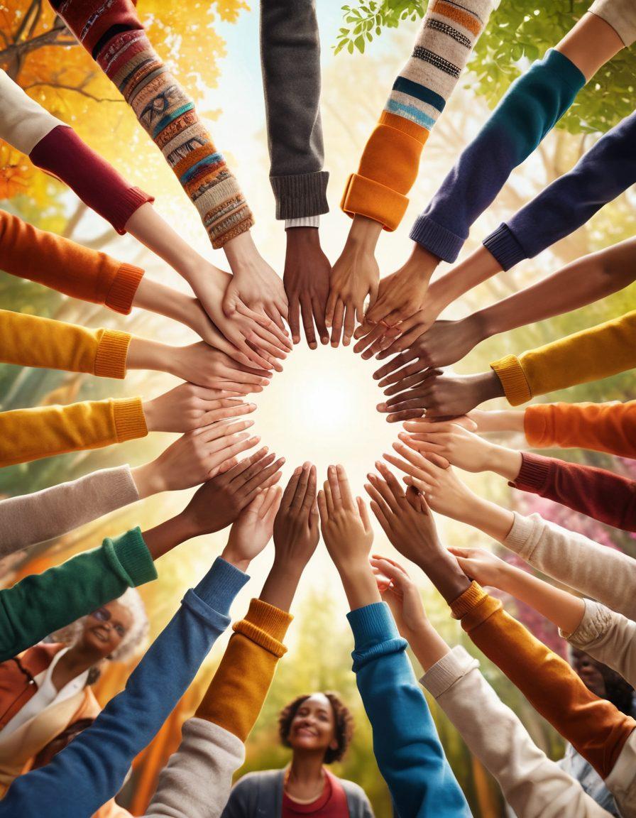 A diverse group of people holding hands in a circle, symbolizing unity and support. Each person represents different backgrounds and ages, showcasing empowerment and resilience. In the background, a vibrant community center filled with resources and advocacy materials. The atmosphere is warm and inviting, with soft sunlight filtering through trees. super-realistic. vibrant colors. community theme.