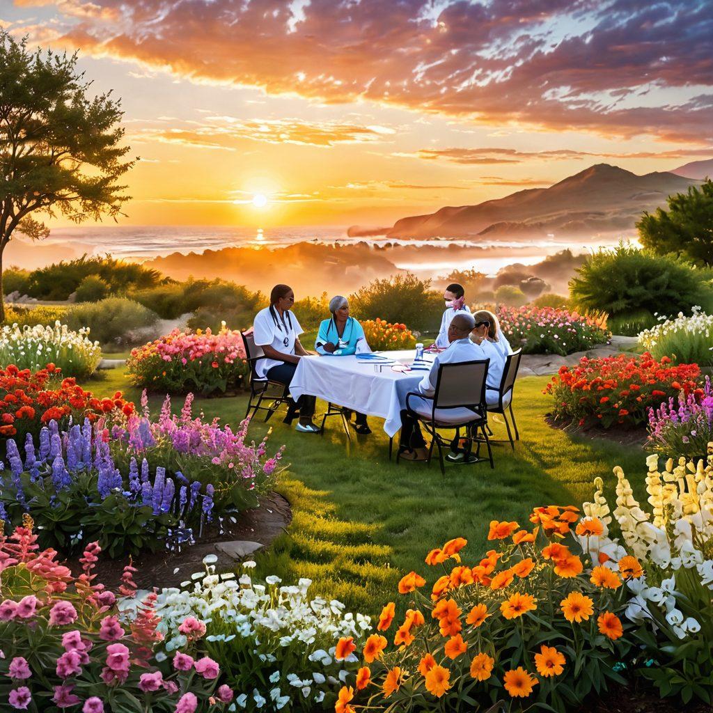 A serene landscape featuring a sunrise symbolizing hope, with a diverse group of healthcare professionals discussing treatment plans surrounded by patients. The foreground shows vibrant flowers representing healing, while soft, warm colors create a warm, inviting atmosphere. Include subtle symbols of wellness like a stethoscope and a heart. super-realistic. vibrant colors. peaceful background.